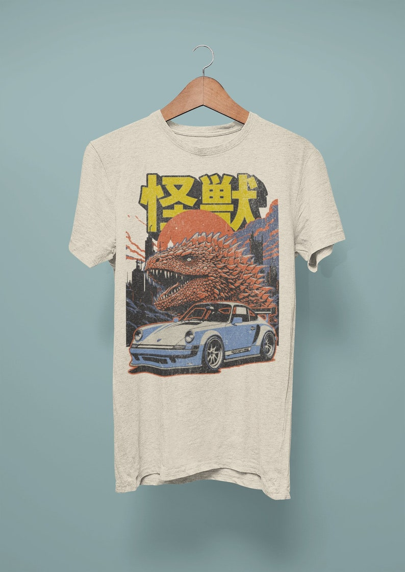 Godzilla and Car Japanese Graphic Tee - Vintage Inspired Unisex Retro Shirt