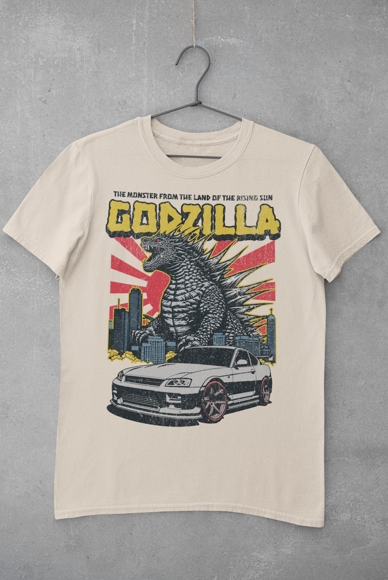 Godzilla and Car Vintage Unisex Graphic Tee - Retro Unisex T-shirt