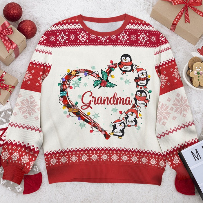 Grandma's Little Penguins - Personalized Custom Unisex Ugly Christmas Sweatshirt, Wool Sweatshirt, All-Over-Print Sweatshirt - Gift For Grandma, Grandparents, Christmas Gift