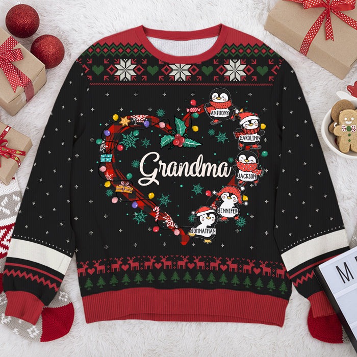 Grandma's Little Penguins Christmas - Family Personalized Custom Ugly Sweatshirt - Unisex Wool Jumper - Christmas Gift For Grandma, Grandparents