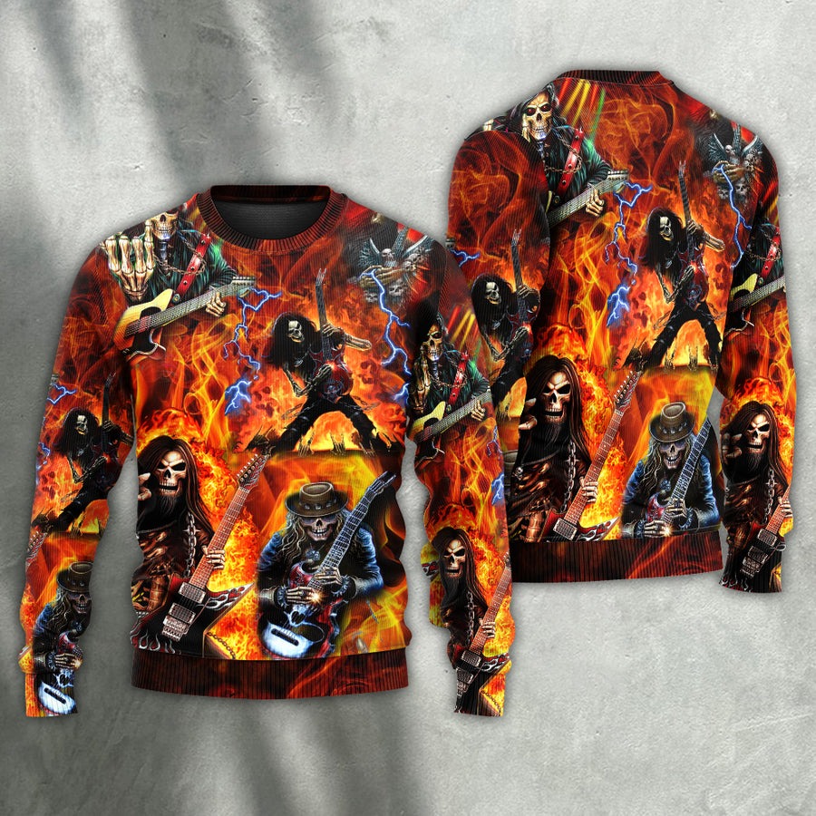 Guitar Skull Fire So Hot - Sweater - Ugly Christmas Sweaters