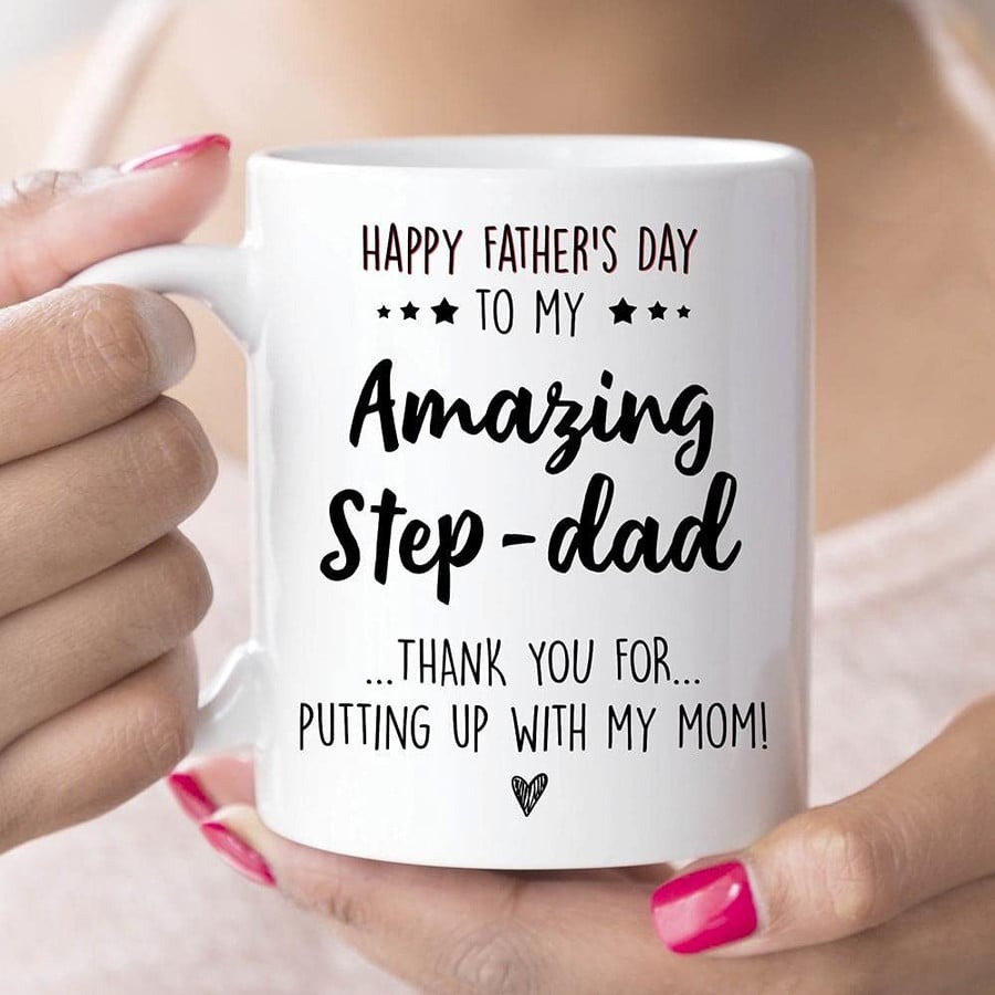 HAPPY FATHER'S DAY MUG TO MY AMAZING STEPDAD MUG THANK YOU FOR PUTTING UP WITH MY MOM GIFTS FOR STEPDAD BONUS DAD FROM DAUGHTER SON MUG CERAMIC COFFEE MUG