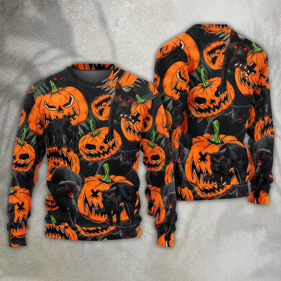 Halloween Black Cat Pumpkin Scary Tropical - Sweater - Ugly Christmas Sweaters