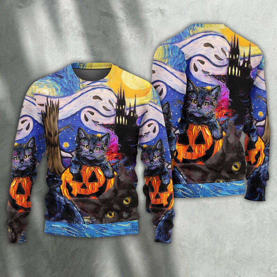 Halloween Black Cat Starry Night Funny Cat Painting Art Style - Sweater - Ugly Christmas Sweaters