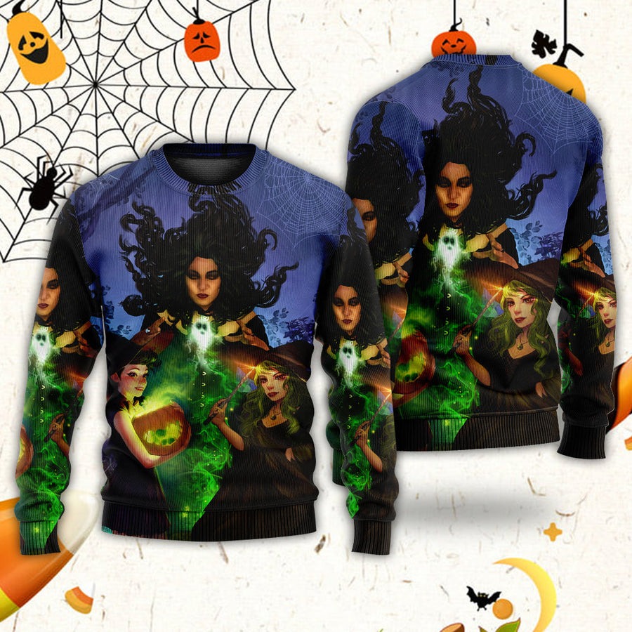 Halloween Magic Witch Ghost In The Dark Forest Art Style - Sweater - Ugly Christmas Sweaters