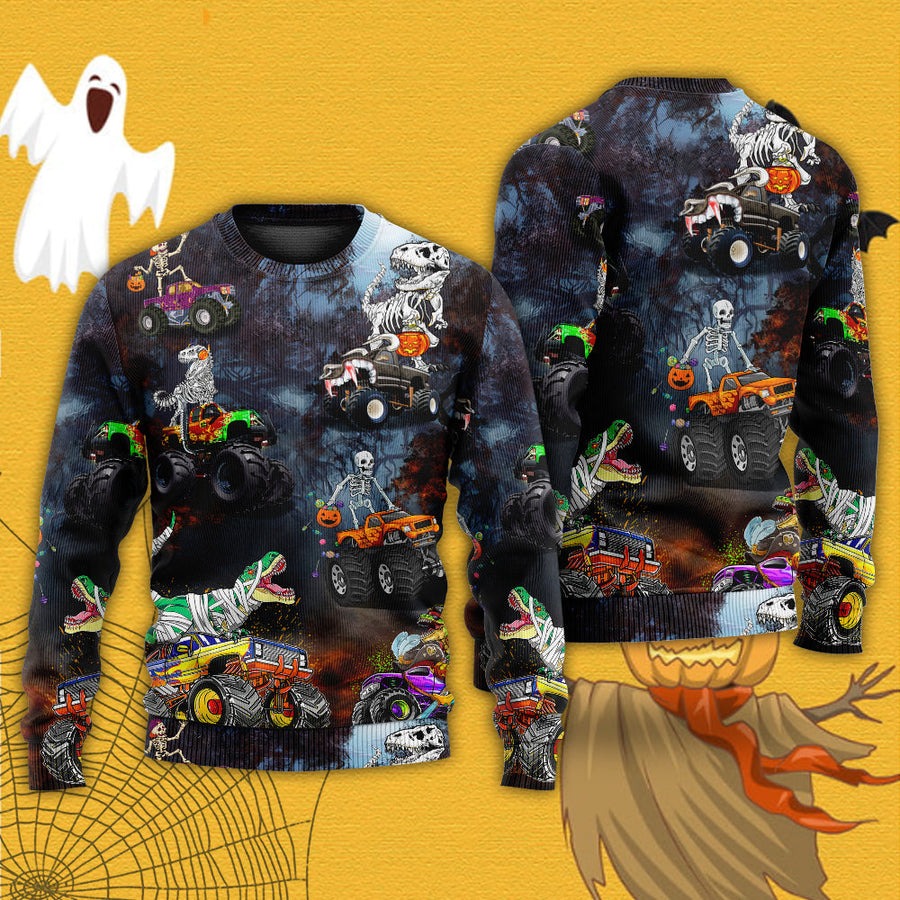 Halloween Skeleton Dinosaur Driving Monster Truck - Sweater - Ugly Christmas Sweaters