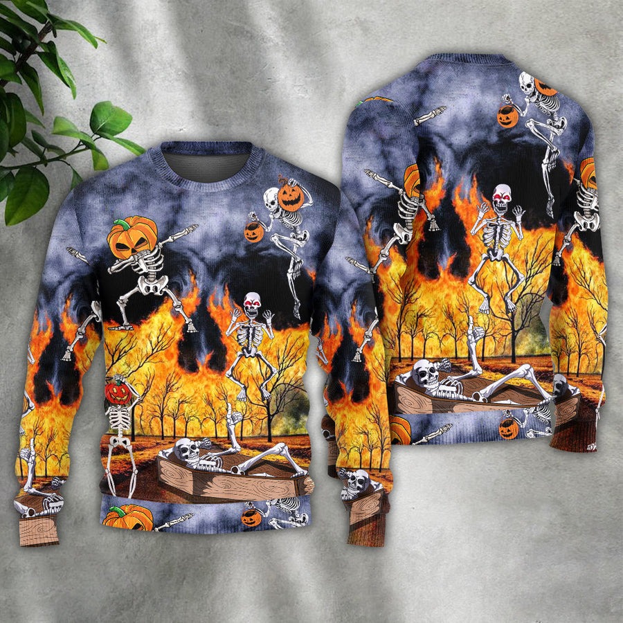 Halloween Skeleton Party Pumpkin Burning Scary - Sweater - Ugly Christmas Sweaters