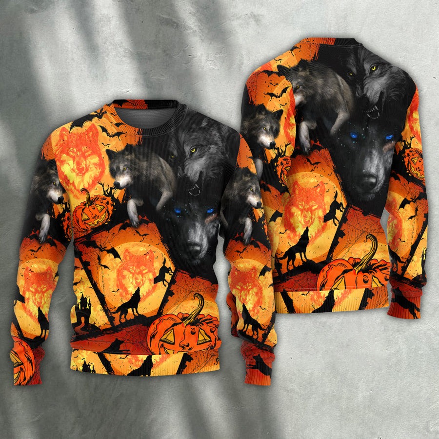 Halloween Wolf Pumpkin Scary - Sweater - Ugly Christmas Sweaters