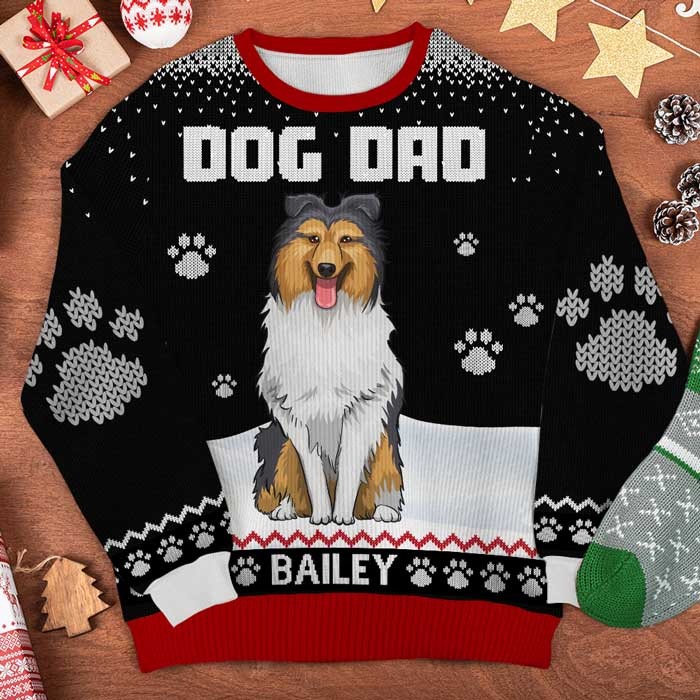 Happy Woofmas To The Best Dog Dad - Personalized Custom Unisex Ugly Christmas Sweatshirt, Wool Sweatshirt, All-Over-Print Sweatshirt - Gift For Dog Lovers, Pet Lovers, Christmas Gift