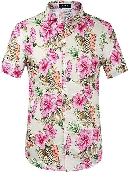 Hawaiian Shirt for Men, Beach Shirts for Men, Gift For Men, Pink Hibiscus, S-5XL