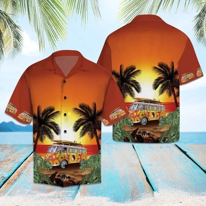 Hippie Bus Under Sunset Palm Tree Hawaiian Shirt, Gift for men, S-5XL US Size