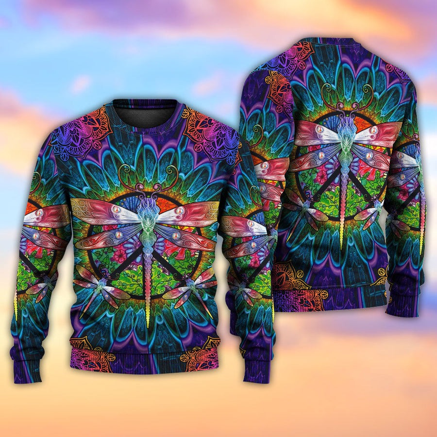 Hippie Colorful Dragonfly Mandala Peace Life - Sweater - Ugly Christmas Sweaters