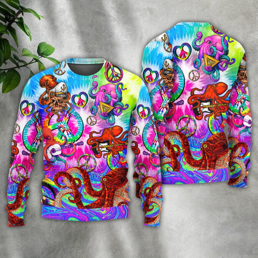 Hippie Funny Octopus Colorful Happy Tie Dye Art Style - Sweater - Ugly Christmas Sweaters