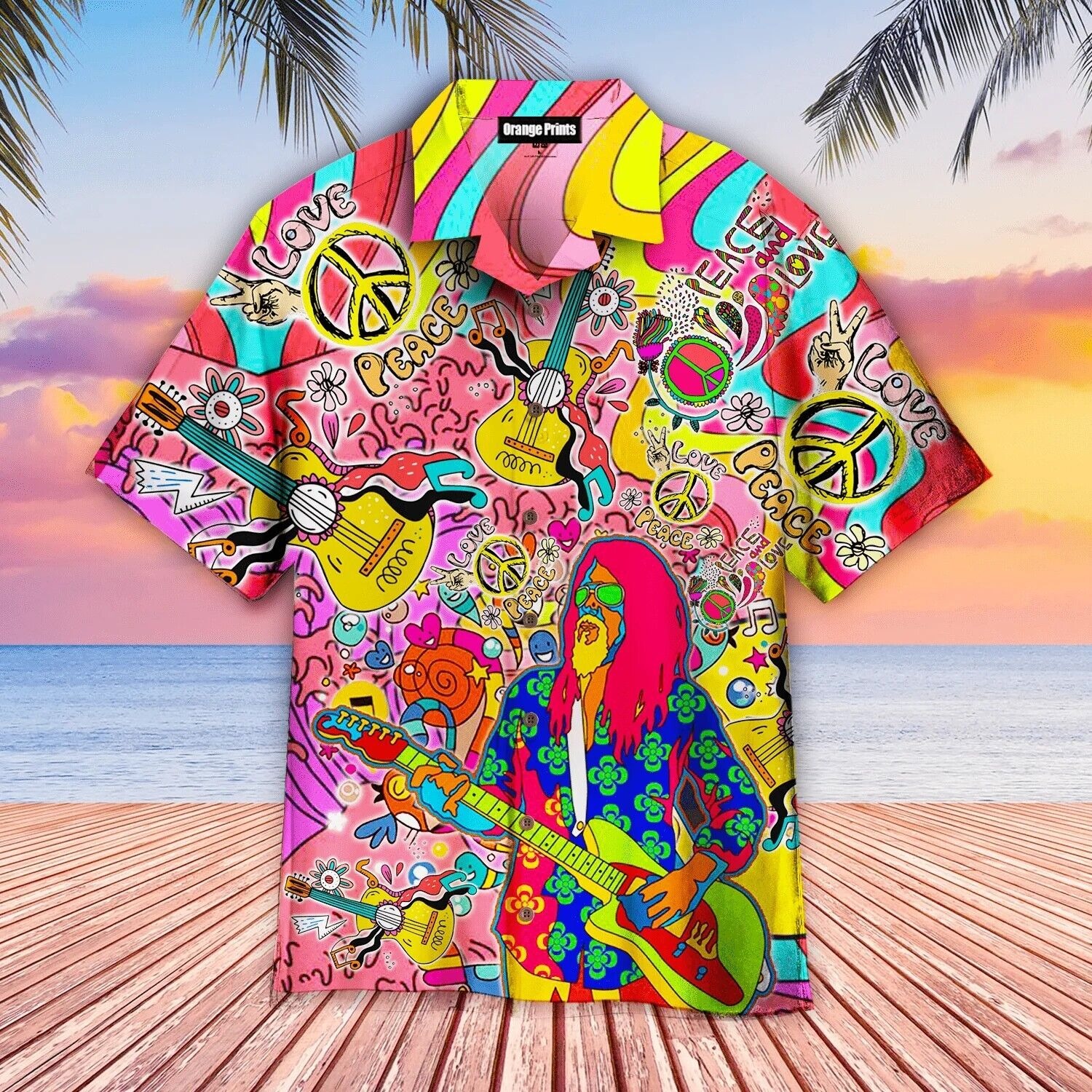 Hippie Guitar Colorful Trendy Hawaiian Shirt, Gift for men, S-5XL US Size