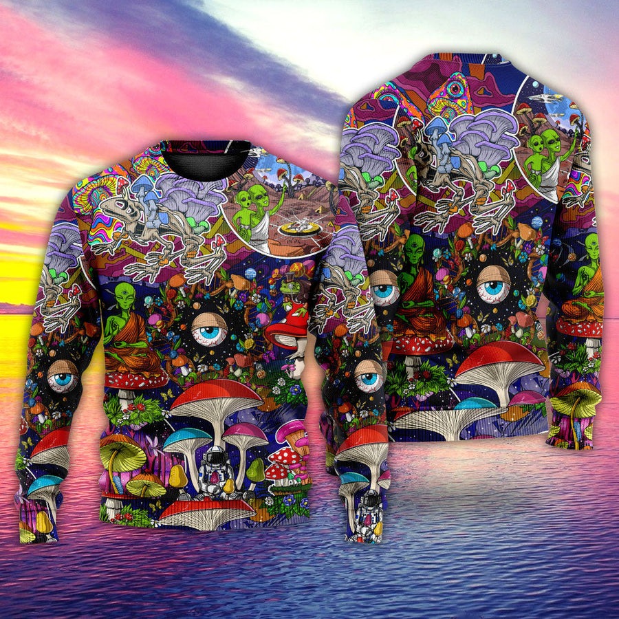 Hippie Mushroom Aliens Stay Hippie Colorful Art - Sweater - Ugly Christmas Sweaters