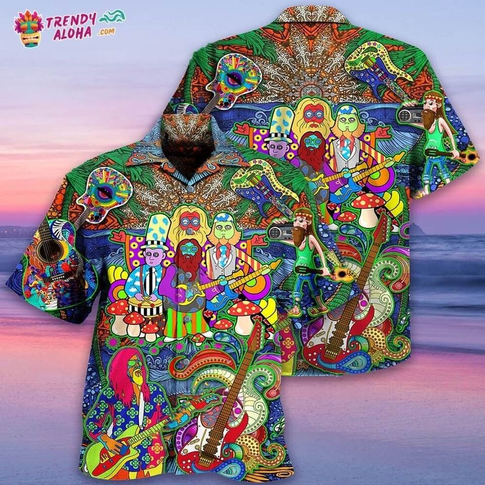 Hippie Music Electric Guitar Colorful Hawaiian Shirt For Fans, S-5XL US Size