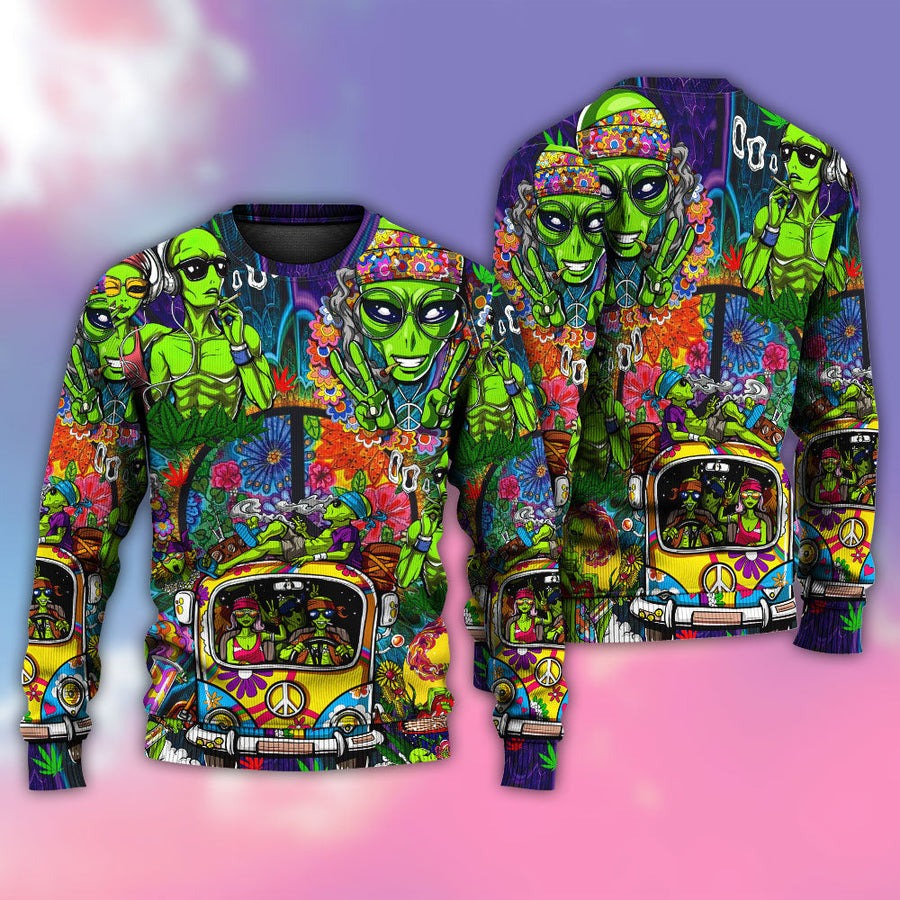 Hippie Space Alien Smoking Weed - Sweater - Ugly Christmas Sweaters