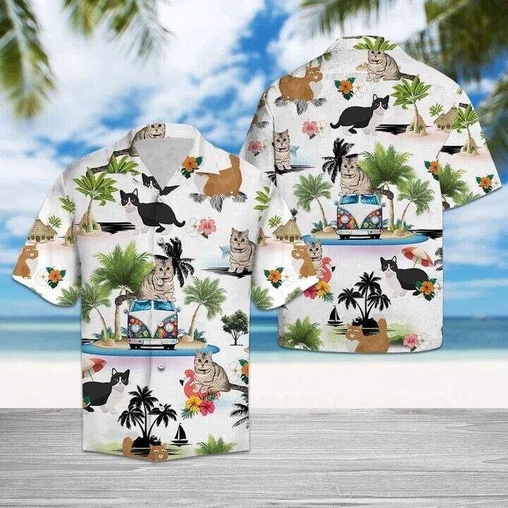 Hippie Van Munchkin Cat Enjoy Vacation Hawaiian Shirt For Men, S-5XL US Size