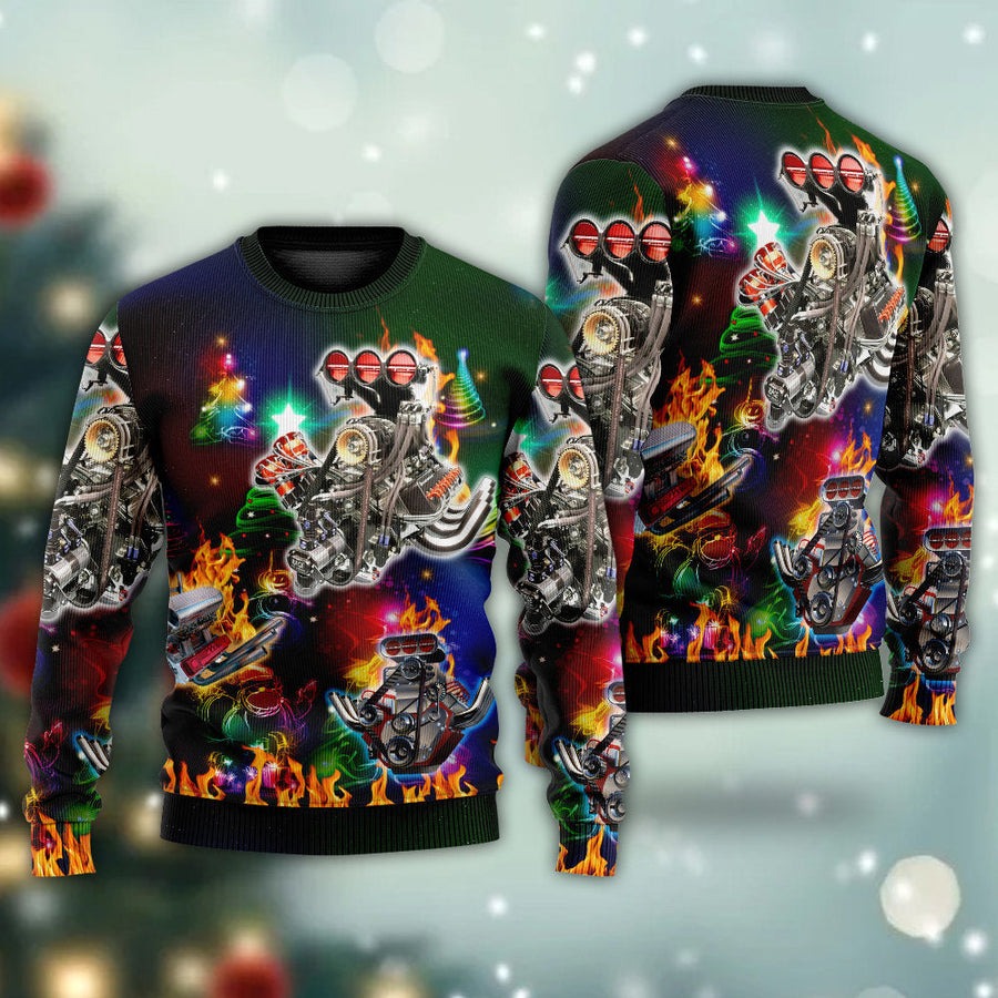 Hot Rod Christmas Tree Fire - Sweater - Ugly Christmas Sweaters