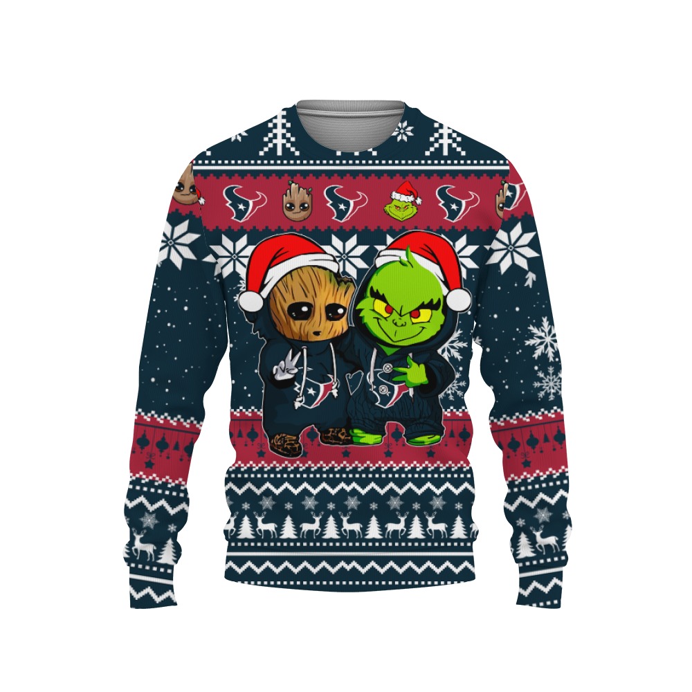 Houston Texans Baby Groot And Grinch Best Friends Football American Ugly Christmas Sweater New Trends For Fans Club Gifts Unisex, Hoodie, Sweatshirt-3D Sweatshirt