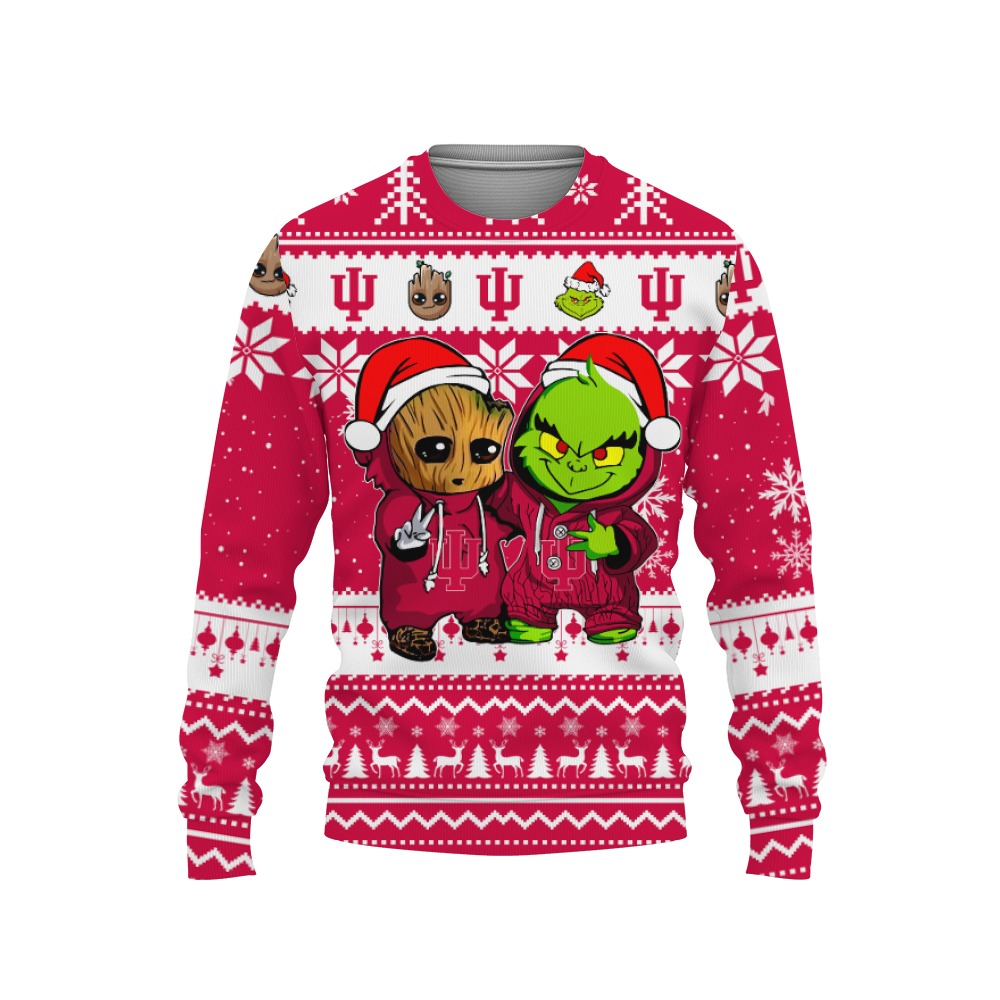 Indiana Hoosiers Baby Groot And Grinch Best Friends Football American Ugly Christmas Sweater New Trends For Fans Club Gifts Unisex, Hoodie, Sweatshirt-3D Sweatshirt