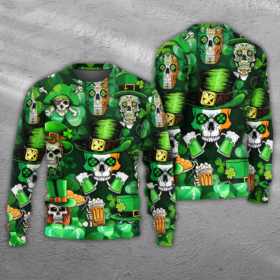 Irish Skull St Patrick's Day Green Light - Sweater - Ugly Christmas Sweaters