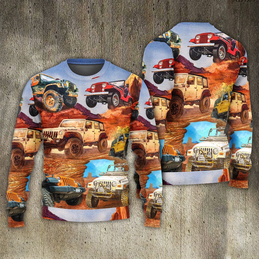 Jeep In The Desert Vintage Art Style - Sweater - Ugly Christmas Sweaters