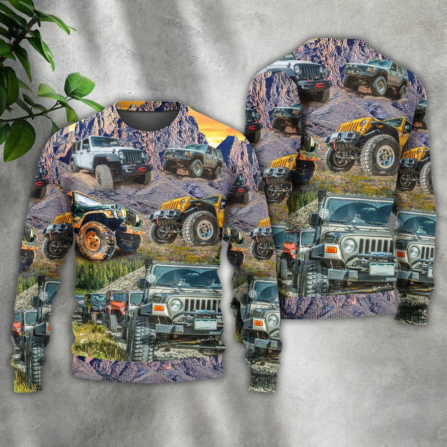 Jeep In The Mountain Sunset Vintage Art Style - Sweater - Ugly Christmas Sweaters