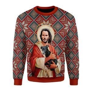 Jesus Keanu Reeves With Dog Ugly Christmas Sweater