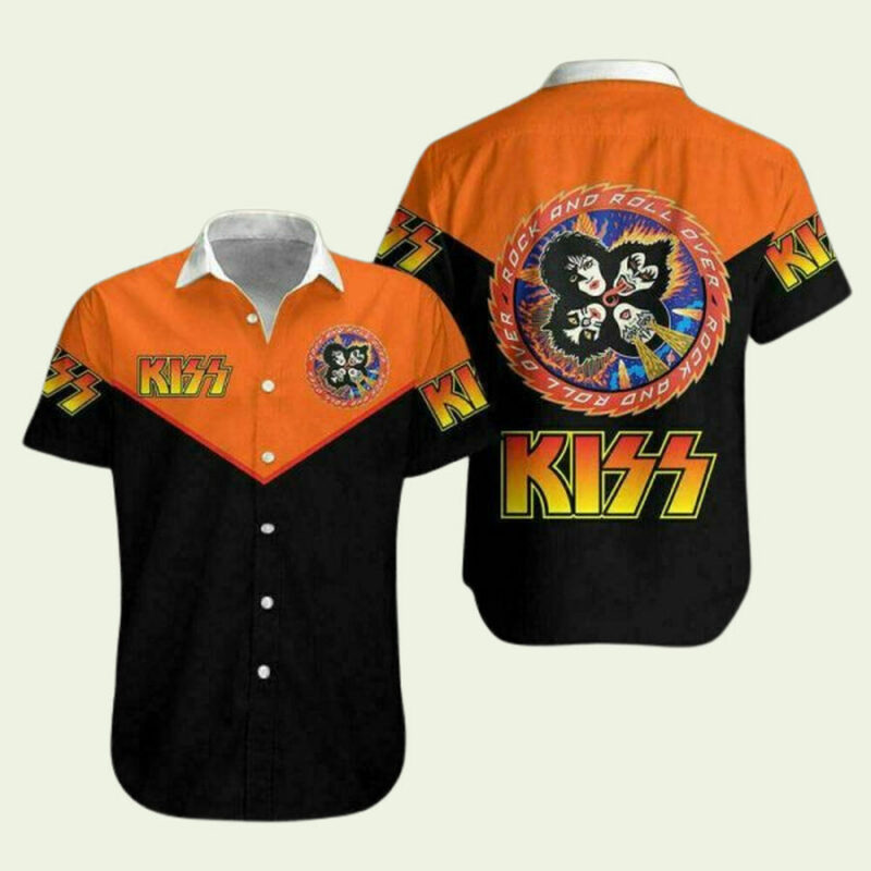 KISS BAND ORANGE AND BLACK COLOR 2024 TRENDING HAWAIIAN SHIRT