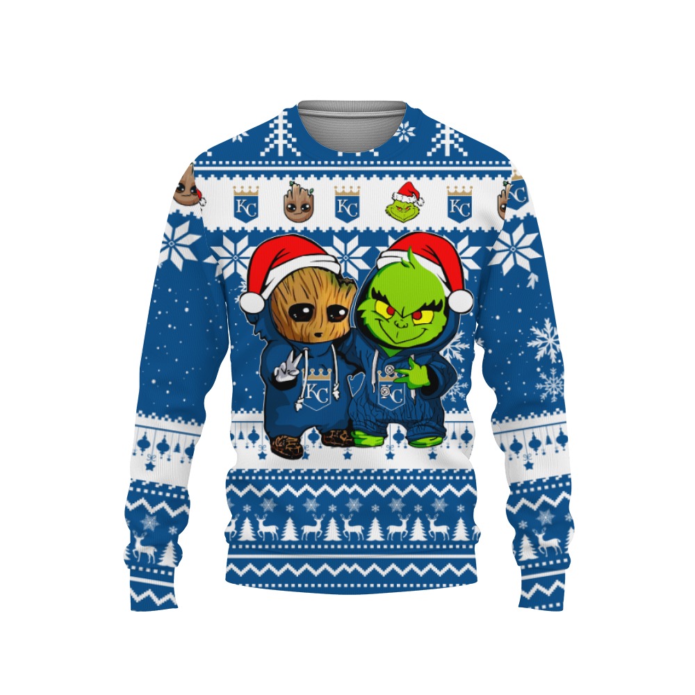 Kansas City Royals Baby Groot And Grinch Best Friends Football American Ugly Christmas Sweater New Trends For Fans Club Gifts Unisex, Hoodie, Sweatshirt-3D Sweatshirt