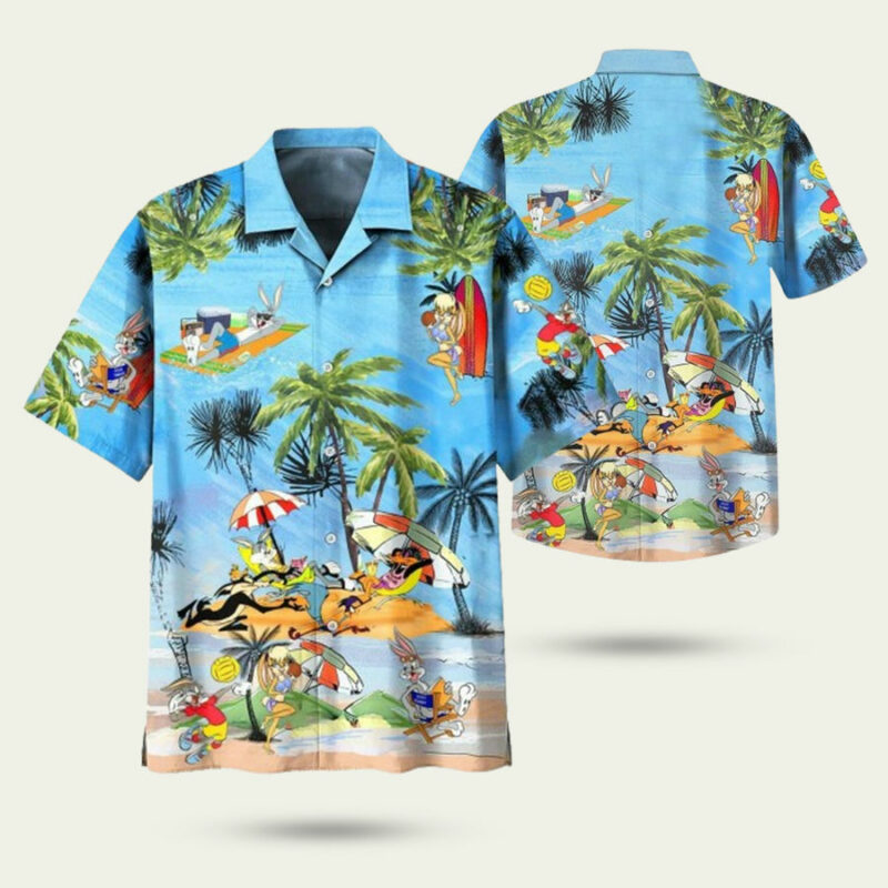 LOONEY TUNES BUGS AND LOLA BUNNY SUMMER TIME BLUE HAWAIIAN SHIRT