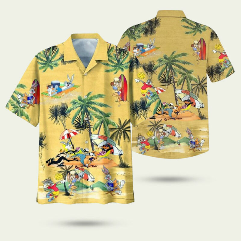 LOONEY TUNES BUGS AND LOLA BUNNY SUMMER TIME YELLOW HAWAIIAN SHIRT