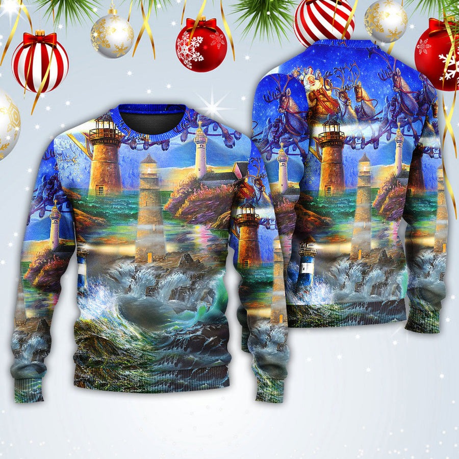 Lighthouse Christmas Santa Shine Like A Lighthouse - Sweater - Ugly Christmas Sweaters