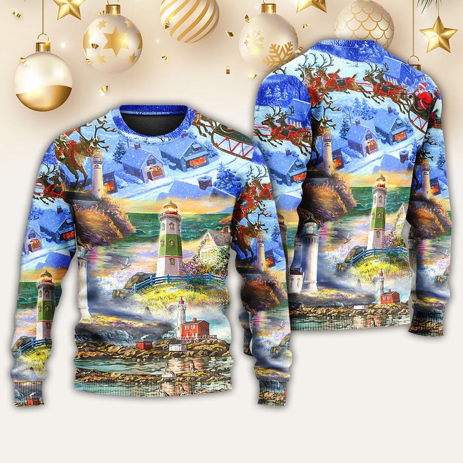 Lighthouse Christmas Santa Through The Storm - Sweater - Ugly Christmas Sweaters