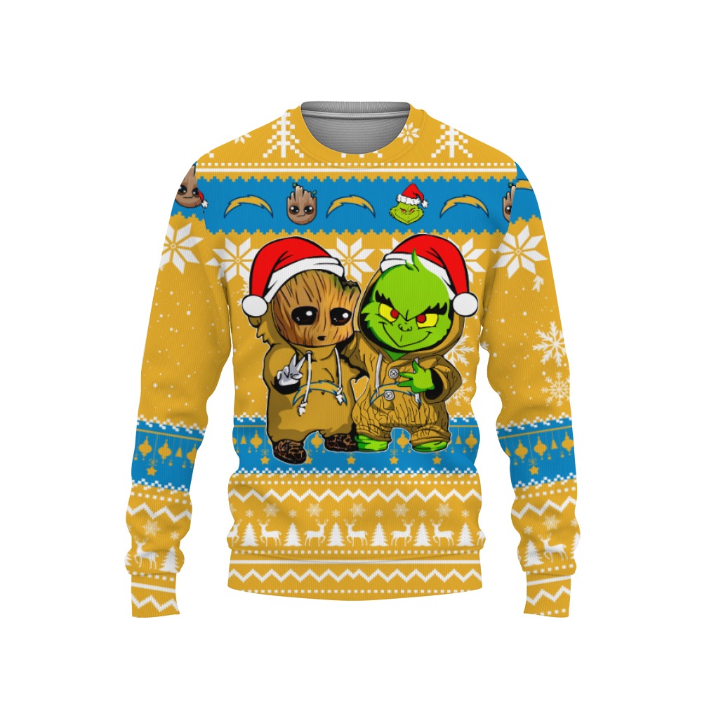 Los Angeles Chargers Baby Groot And Grinch Best Friends Football American Ugly Christmas Sweater New Trends For Fans Club Gifts Unisex, Hoodie, Sweatshirt-3D Sweatshirt