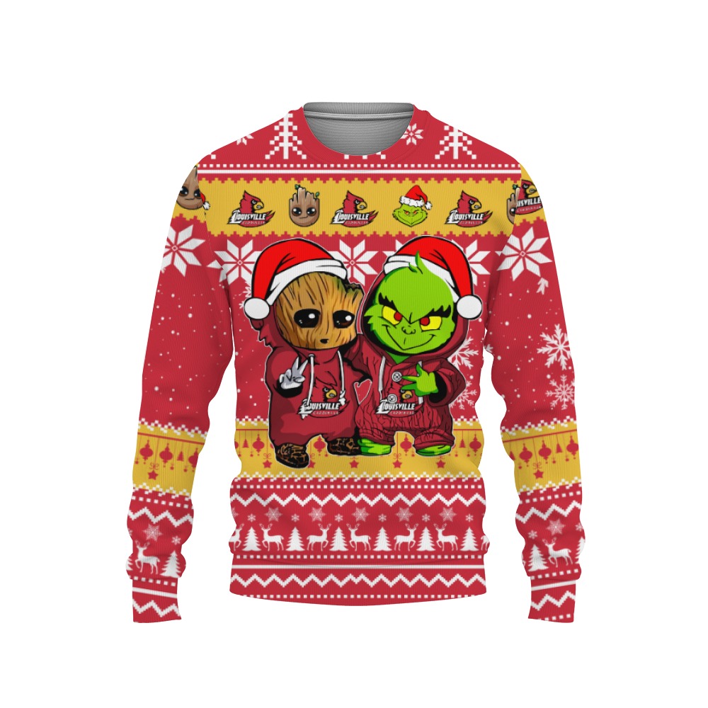 Louisville Cardinals Baby Groot And Grinch Best Friends Football American Ugly Christmas Sweater New Trends For Fans Club Gifts Unisex, Hoodie, Sweatshirt-3D Sweatshirt