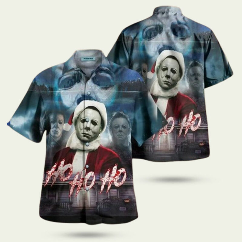 MICHAEL MYERS HO HO HO THIS IS MY HAPPY CHRISTMAS FACE HAWAIIAN SHIRT