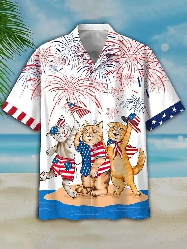 Menâs 4Th Of July Cat Trendy Hawaiian Shirt, Gift For Men, Women, S-5XL US Size