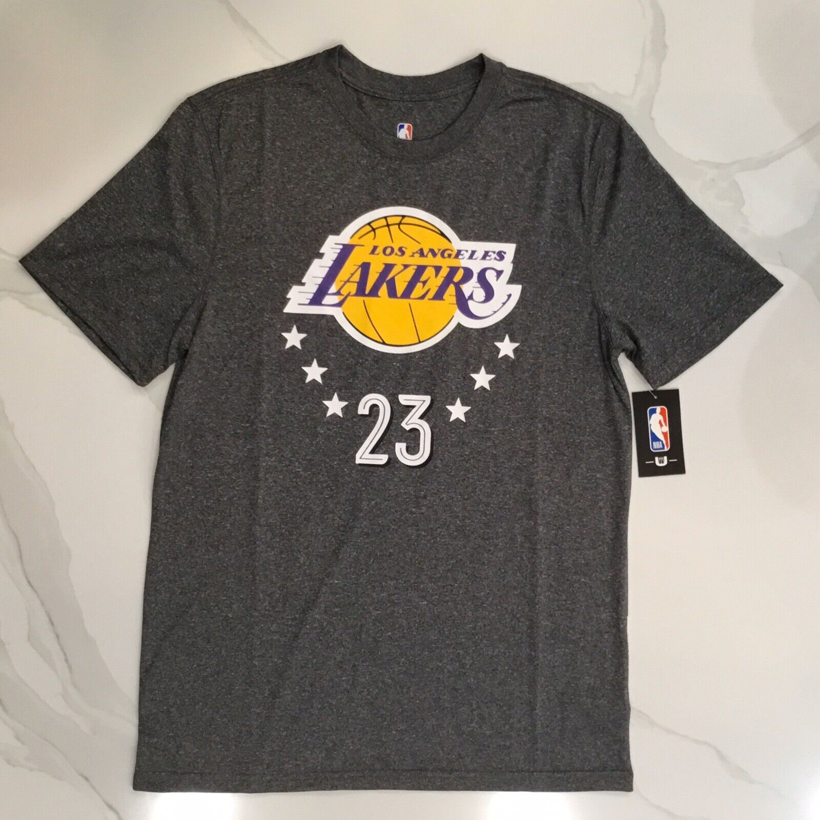 Menâs L.A Lakers LeBron James Heather Gray Backer Name & Number T-Shirt