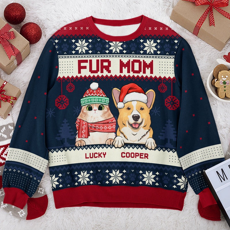 Merry Christmas, Fur Mom Fur Dad - Personalized Custom Unisex Ugly Christmas Sweatshirt, Wool Sweatshirt, All-Over-Print Sweatshirt - Gift For Pet Lovers, Christmas Gift