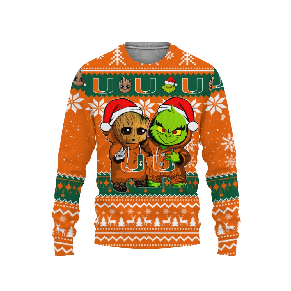 Miami Hurricanes Baby Groot And Grinch Best Friends Football American Ugly Christmas Sweater New Trends For Fans Club Gifts Unisex, Hoodie, Sweatshirt-3D Sweatshirt