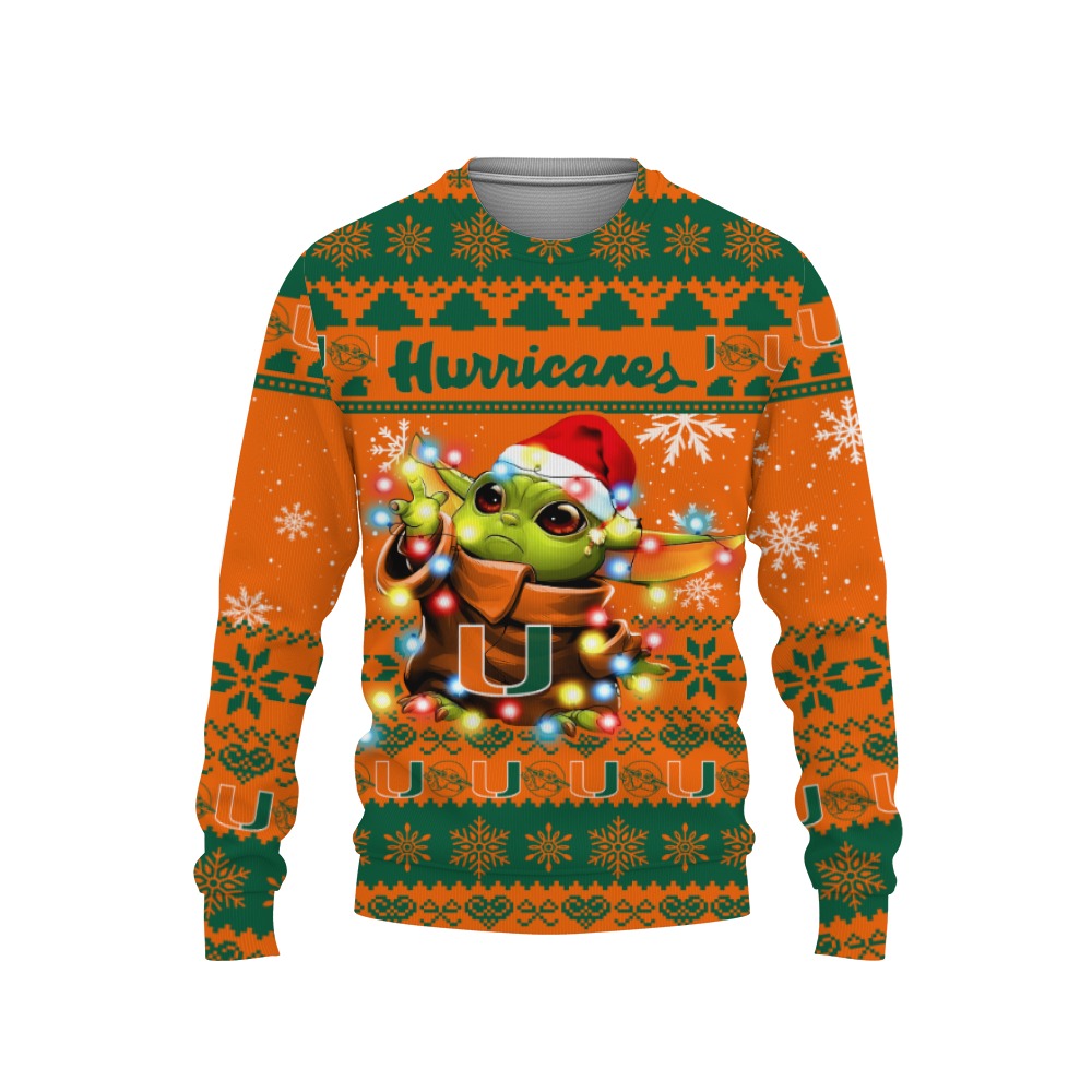 Miami Hurricanes Baby Yoda Star Wars Sports Football American Ugly Christmas Sweater New Trends For Fans Club Gifts Unisex, Hoodie, Sweatshirt-3D Sweatshirt