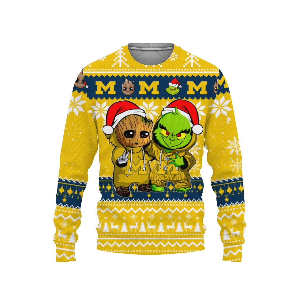 Michigan Wolverines Baby Groot And Grinch Best Friends Football American Ugly Christmas Sweater New Trends For Fans Club Gifts Unisex, Hoodie, Sweatshirt-3D Sweatshirt