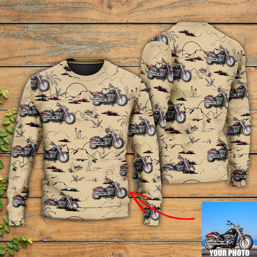 Motorcycle Desert Catus Mountain Flower Custom Photo - Sweater - Ugly Christmas Sweaters