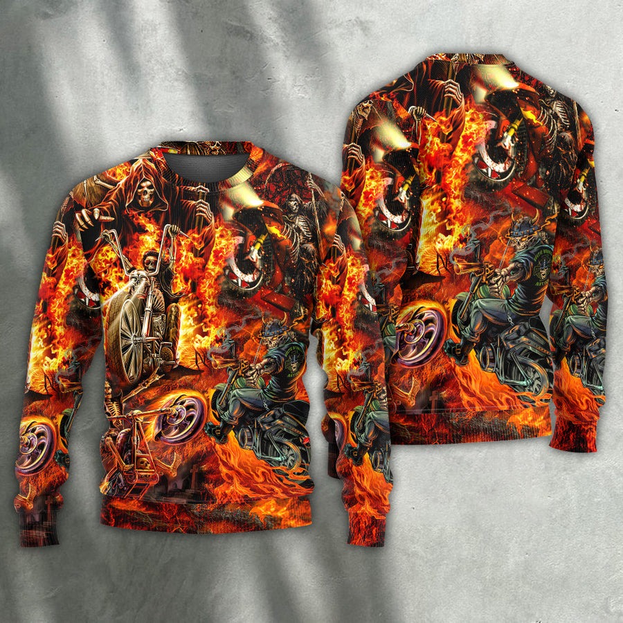 Motorcycle Lover Skull Fire Burning Art Style - Sweater - Ugly Christmas Sweaters