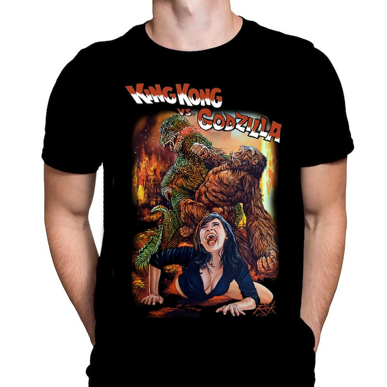 Movie Art - Kong vs Godzilla - Black Cotton Mens T-Shirt