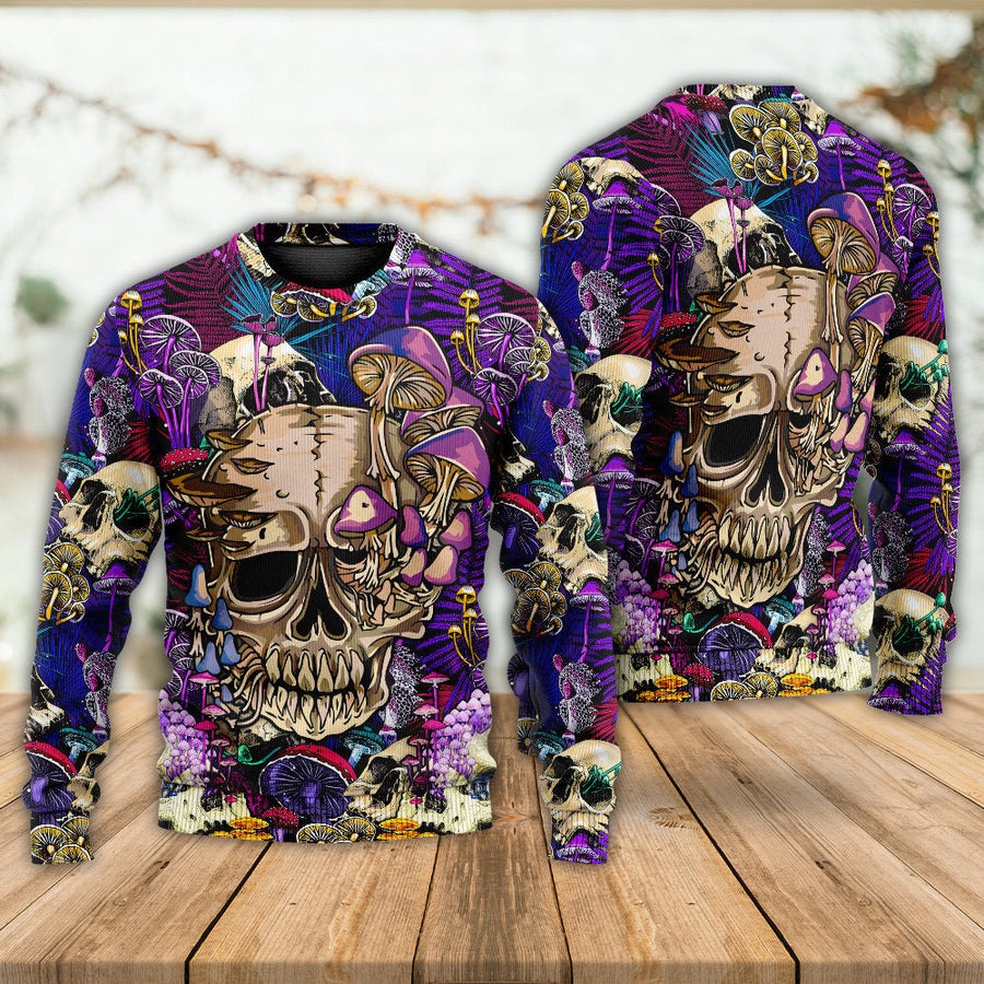 Mushroom Crazy Bright Magic Psychedelic Skull - Sweater - Ugly Christmas Sweaters