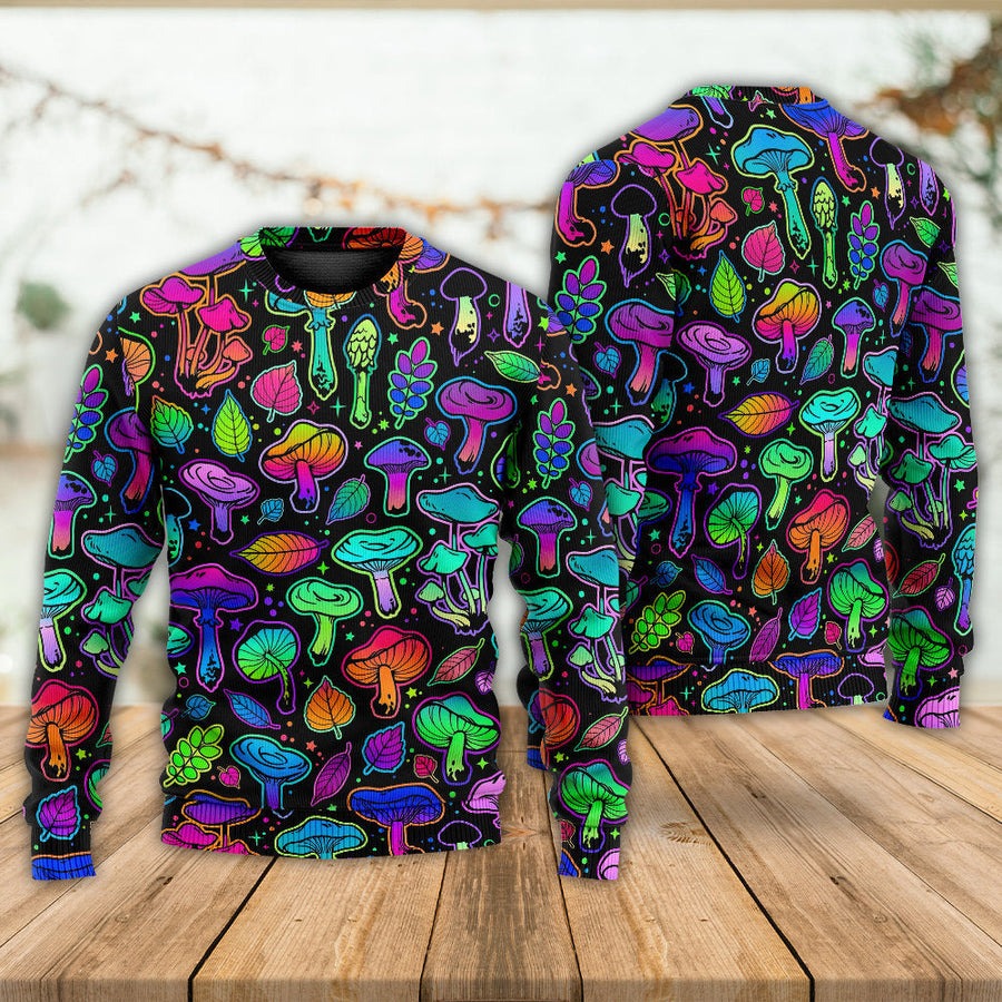 Mushroom Neon Colorful Bright With Leaf - Sweater - Ugly Christmas Sweaters