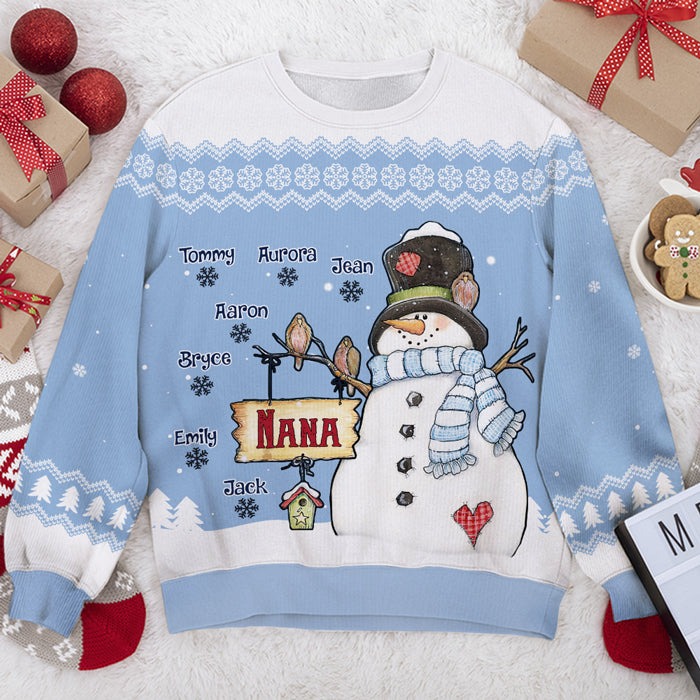 Nana Snowman & Her Little Snowflakes - Personalized Custom Unisex Ugly Christmas Sweatshirt, Wool Sweatshirt, All-Over-Print Sweatshirt - Gift For Grandma, Grandparents, Christmas Gift